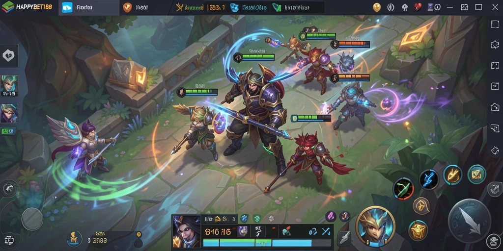 Screenshot gameplay <strong>HAPPYBET188</strong> menunjukkan pertempuran seru di arena MOBA.