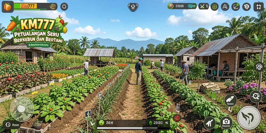 Screenshot gameplay KM777 menunjukkan ladang yang penuh warna dan aktivitas bertani.