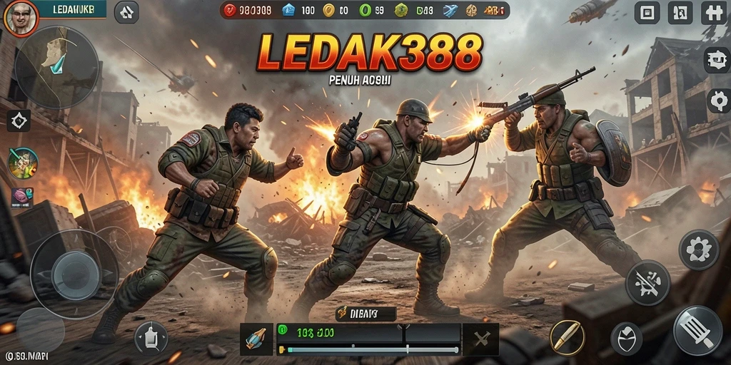 Tangkapan layar LEDAK388 menampilkan aksi pertempuran intens di medan perang.