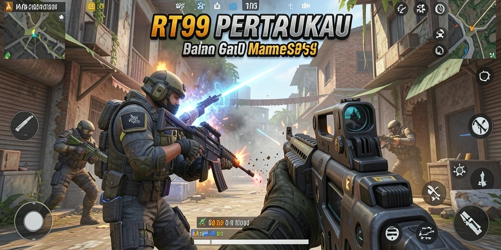Tangkapan layar gameplay RT99 yang menegangkan dalam pertempuran FPS.